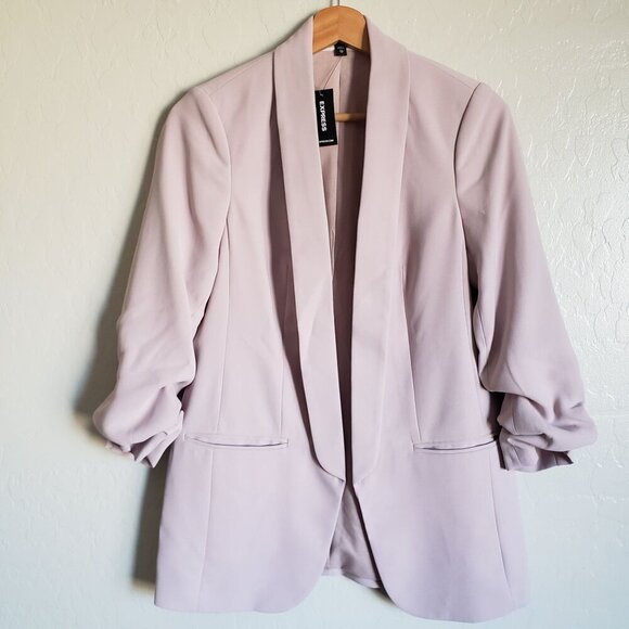 Express Ruched Sleeve Boyfriend Blazer Jacket Open Front Petal Pink Size XS NEW - Picture 1 of 12
